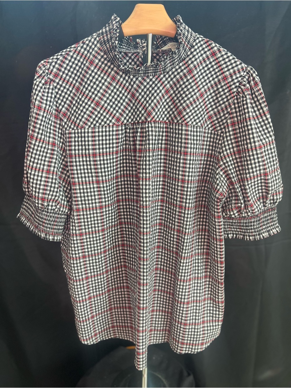 LOFT Plaid Puff-Sleeve Ruffle-Neck Blouse - Black/White/Red
